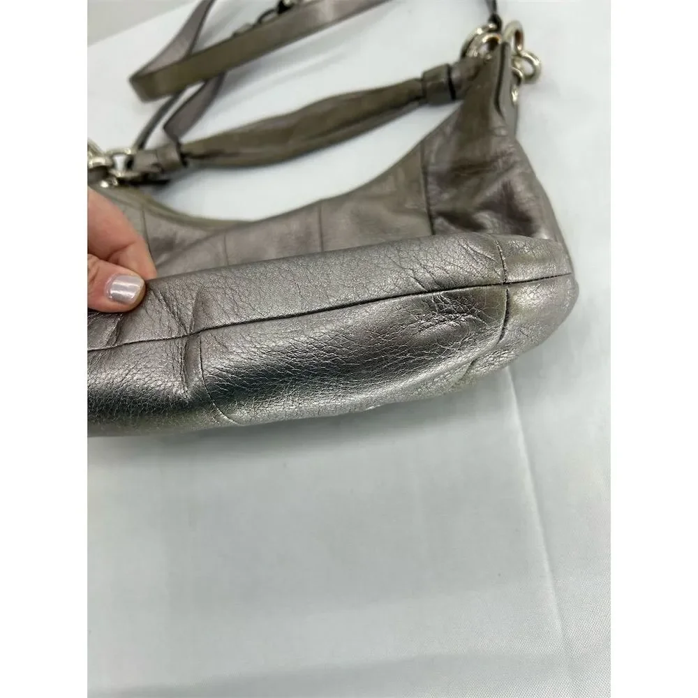 Coach Women's Kristin Metallic Silver Leather Hobo Bag Crossbody Flawed
